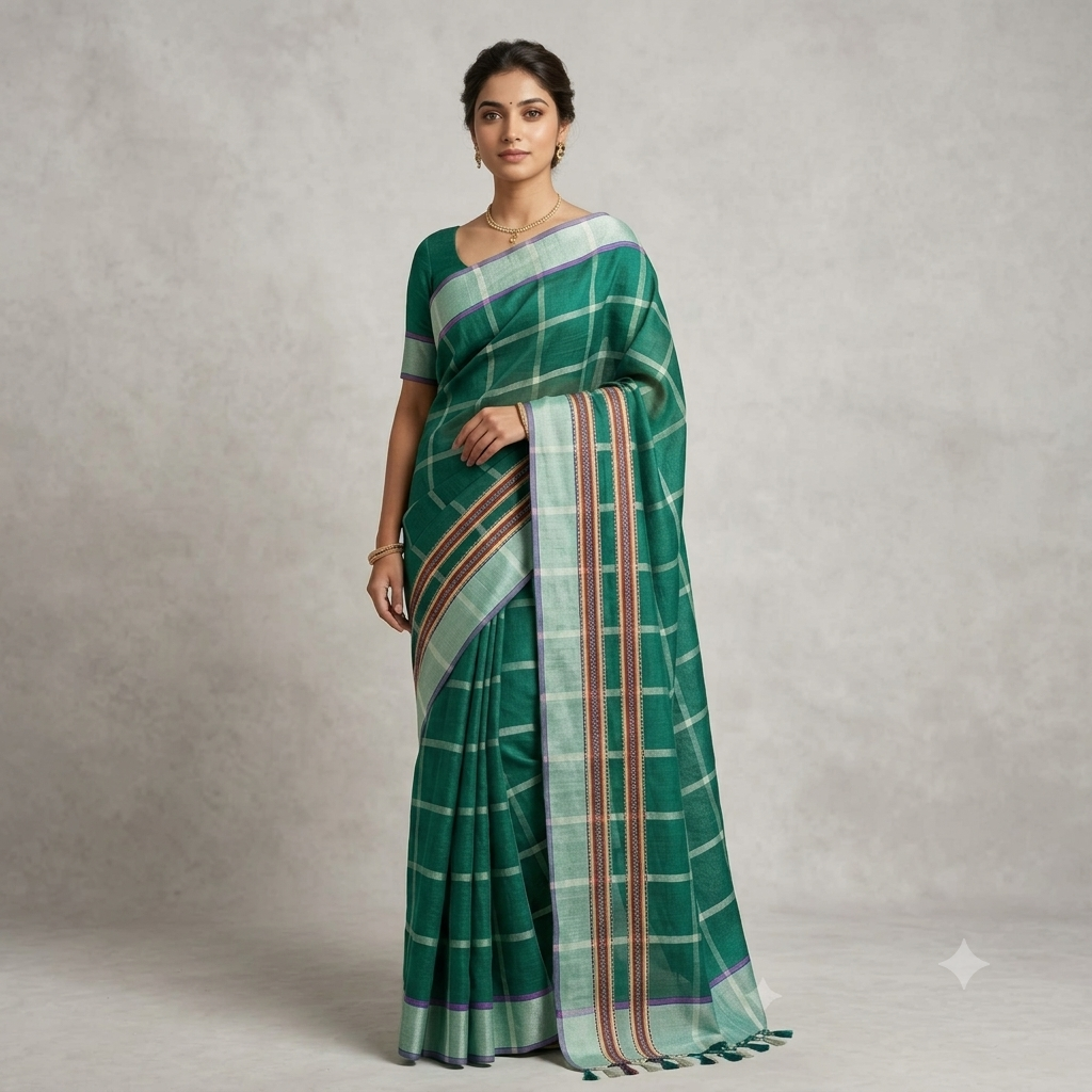 Santali Panchi Mix Saree – Aqua Green &amp; Multicolor Border