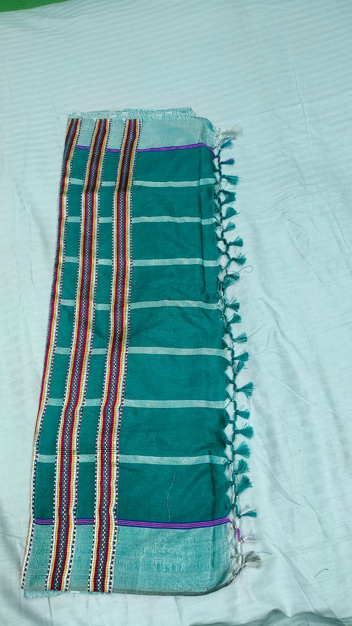 Santali Panchi Mix Saree – Aqua Green &amp; Multicolor Border