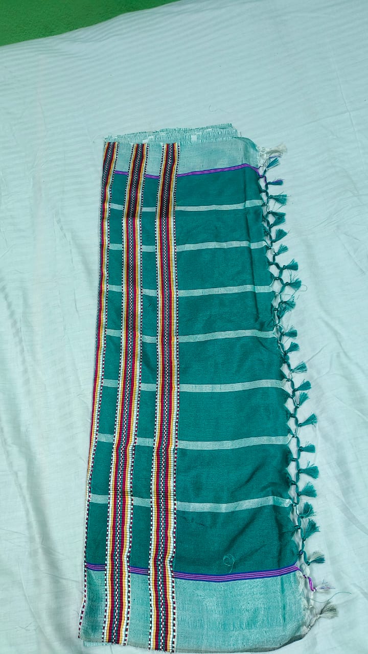 Santali Panchi Mix Saree – Aqua Green &amp; Multicolor Border