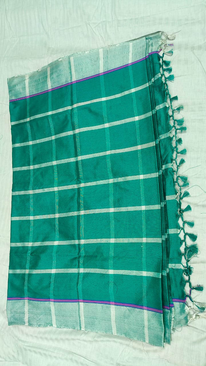 Santali Panchi Mix Saree – Aqua Green &amp; Multicolor Border